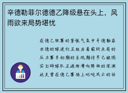 辛德勒菲尔德德乙降级悬在头上，风雨欲来局势堪忧