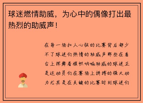 球迷燃情助威，为心中的偶像打出最热烈的助威声！